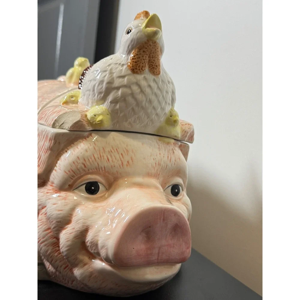 Vintage Pig Cookie Jar Oversized 3 Piece Ceramic Farmhouse Kitchen Decor Hen‎